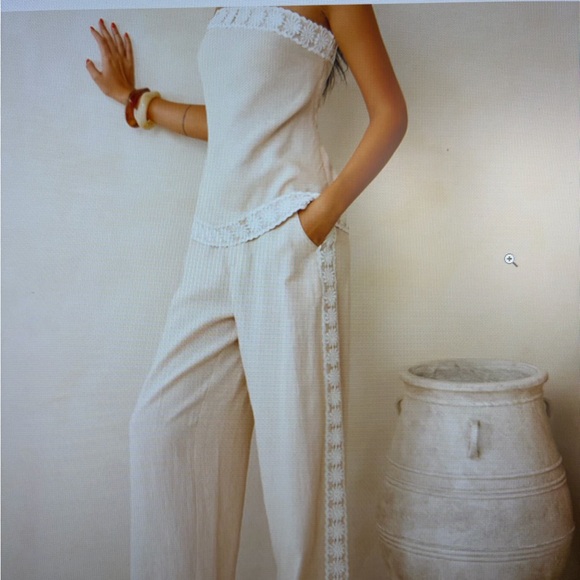 Commense Pants - Commense Cream Wide-Leg Trousers with Lace Side Trim